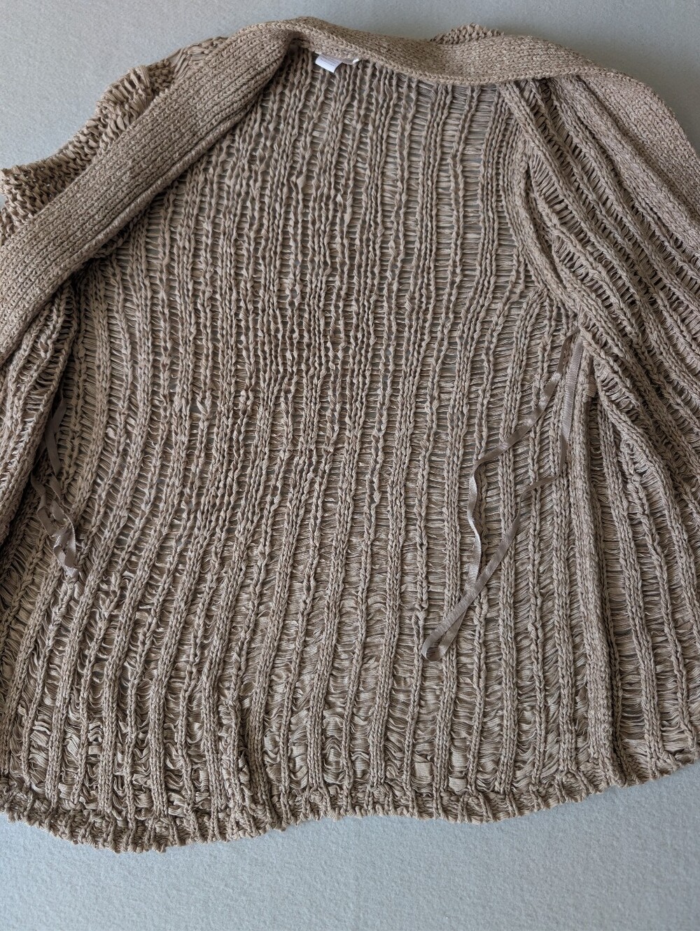 Chicos Woven Open Knit Cardigan Neutral Beige Coastal Sz M Granola Cottage Tan image 8